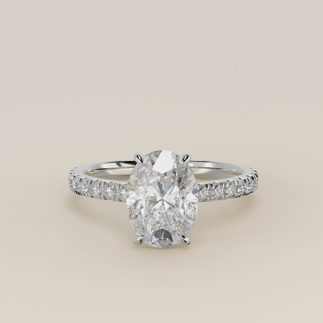 Kiya - Oval Lab Grown Diamond Ring with Hidden Halo, Pave Band and Open Bridge Setting