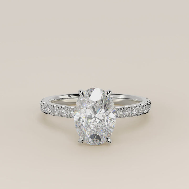 Kiya - Oval Lab Grown Diamond Ring with Hidden Halo, Pave Band and Open Bridge Setting