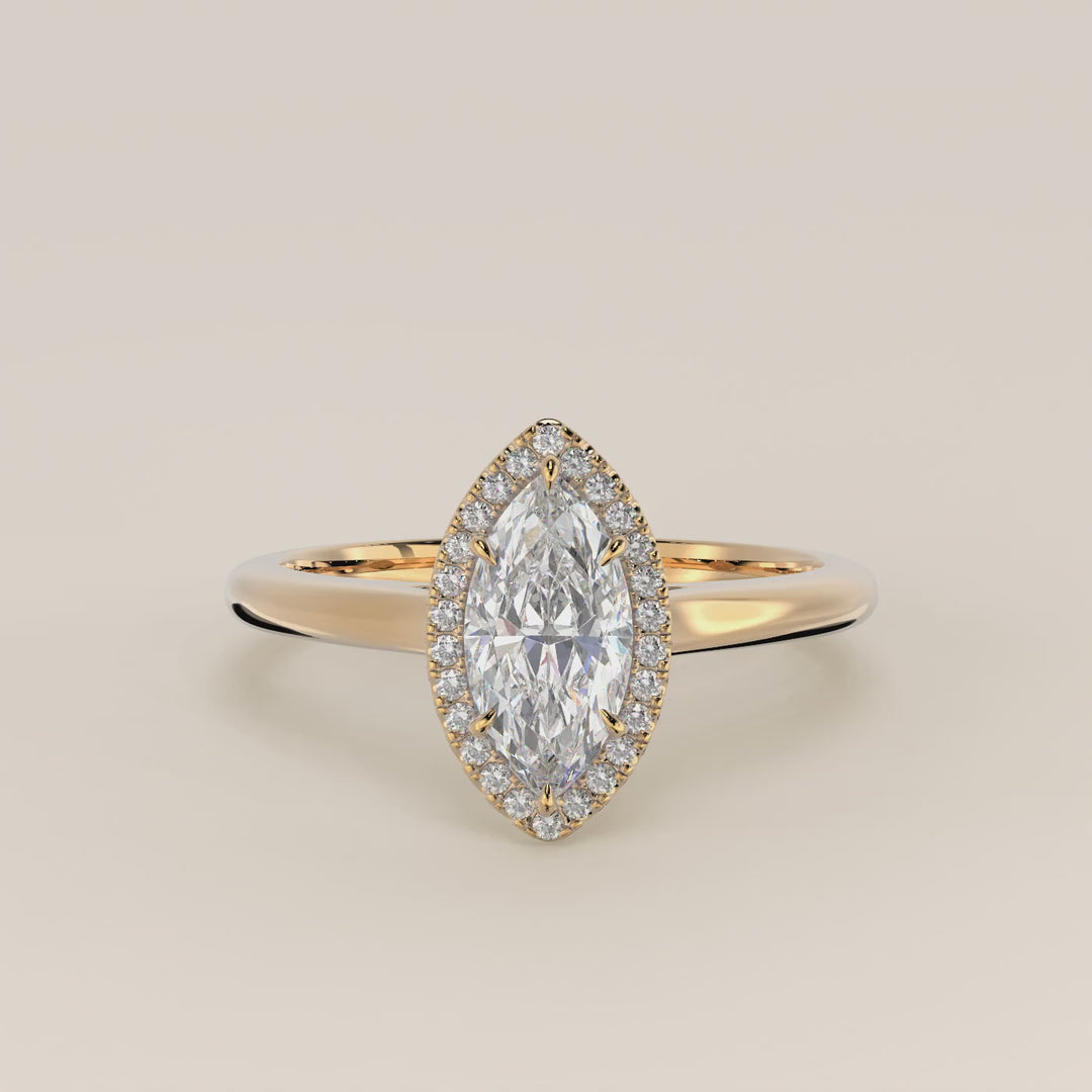 Verlovingsring marquise halo lab grown diamant met cathedral en hoge zetting, geelgoud