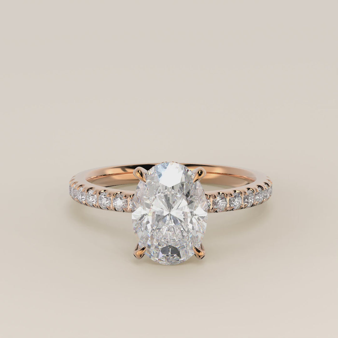 Verlovingsring ovaal lab grown diamant met hidden halo en pave band, rosegoud