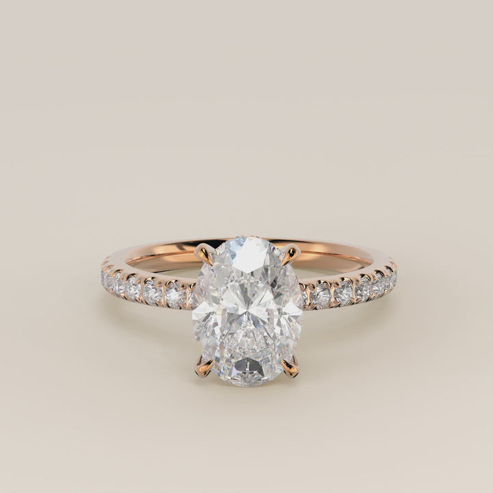 Verlovingsring ovaal lab grown diamant met hidden halo en pave band, rosegoud