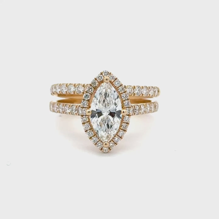 Marquise Halo ring met Pave Band en Aanschuifring - 18k Geelgoud - 2,08 ct