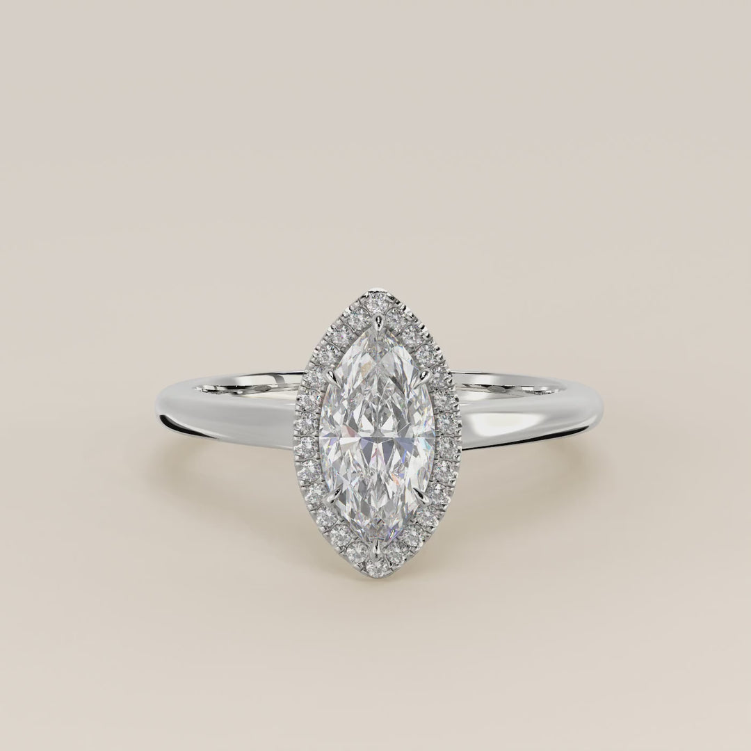 Verlovingsring marquise halo lab grown diamant met cathedral en hoge zetting, witgoud