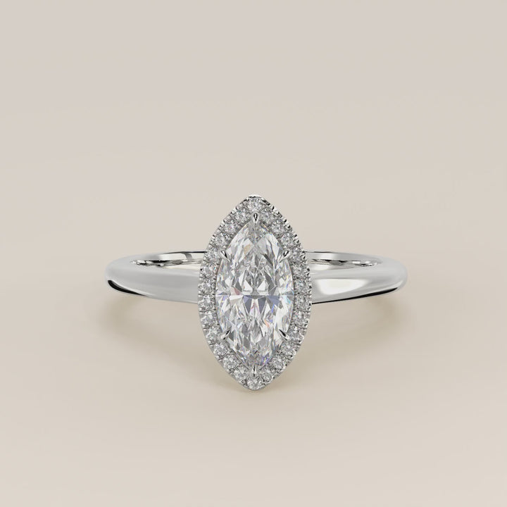 Verlovingsring marquise halo lab grown diamant met cathedral en hoge zetting, witgoud