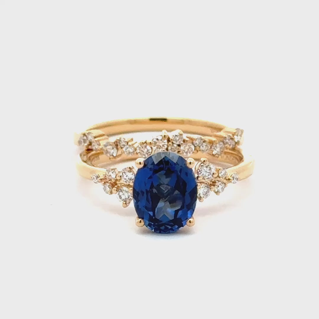 Sapphire 2 ct Oval Ring met Aanschuifring Set Diamant Snowdrift   - 18K Geelgoud