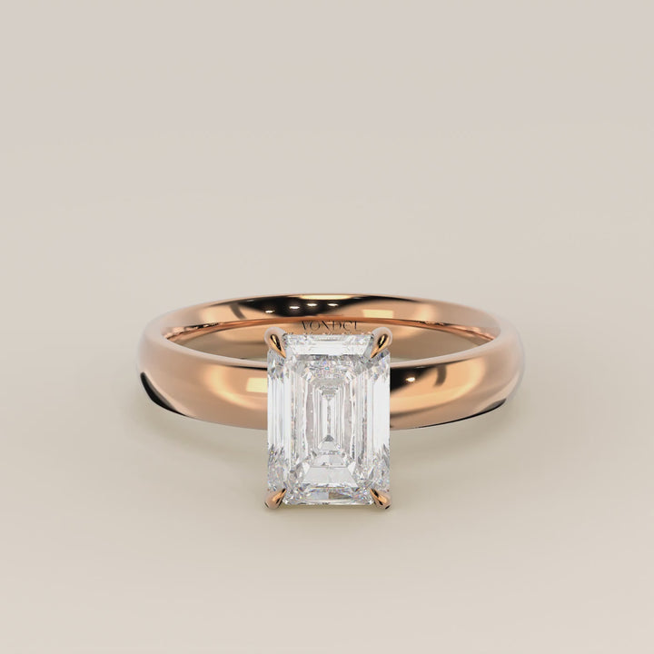 Verlovingsring emerald lab grown diamant met brede band en hidden halo, rosegoud