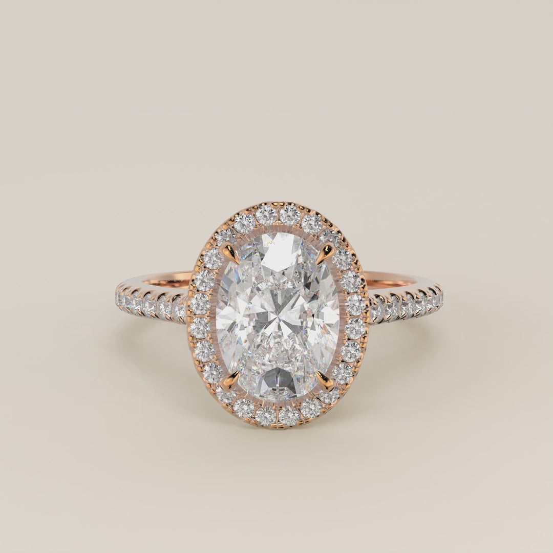 Verlovingsring ovaal lab grown diamant met halo en pave band, rosegoud