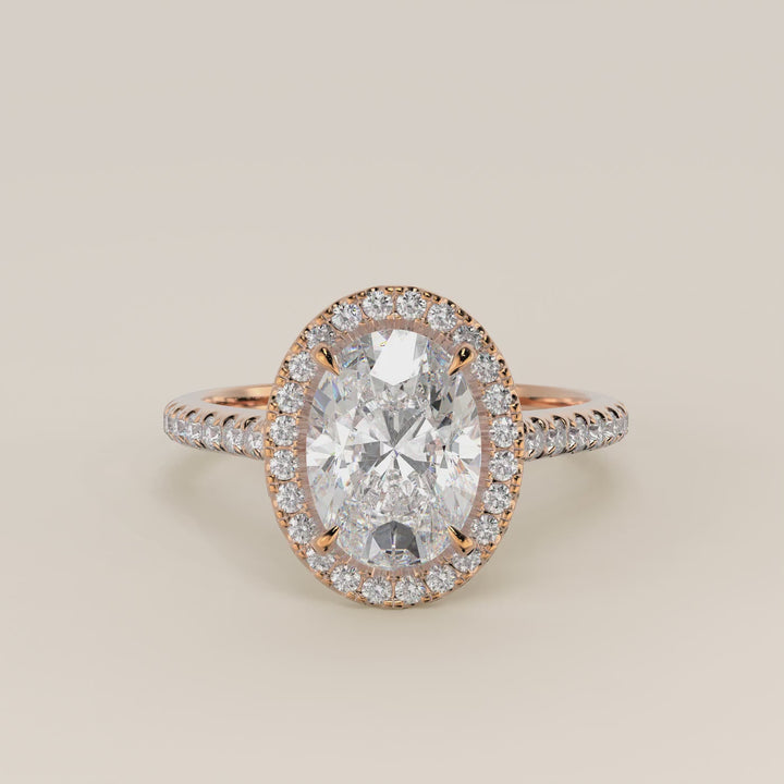 Verlovingsring ovaal lab grown diamant met halo en pave band, rosegoud