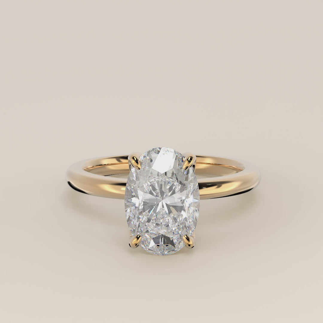 Verlovingsring ovaal lab grown diamant met petal prongs, geelgoud