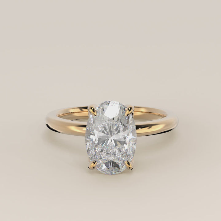 Verlovingsring ovaal lab grown diamant met petal prongs, geelgoud