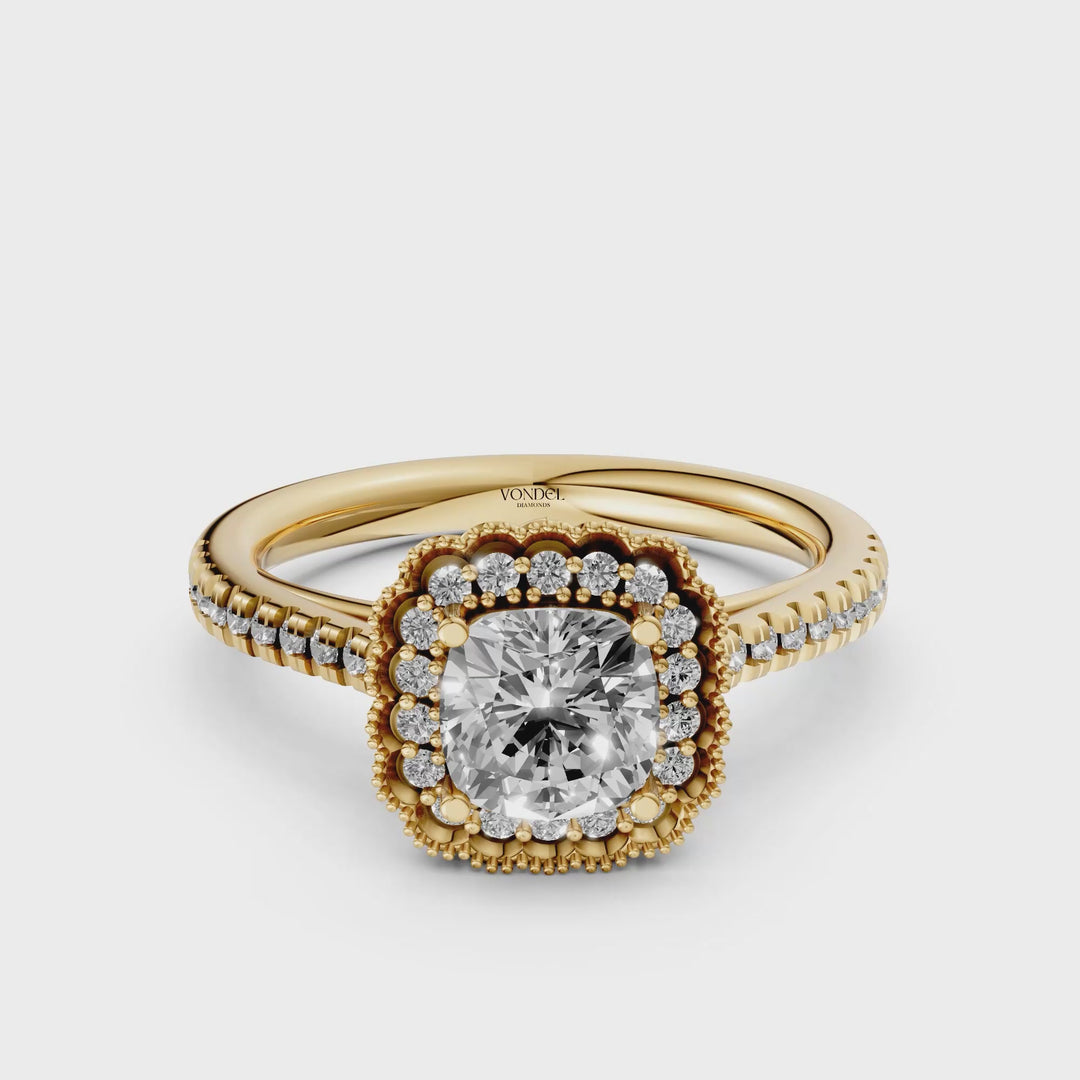 Cushion Brilliant Ring met Halo en Pave, Vintage Stijl - 18K Geelgoud - 0,98 ct