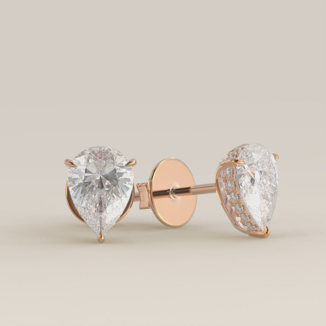 Stud oorbellen peer lab grown diamant met hidden halo, rosegoud