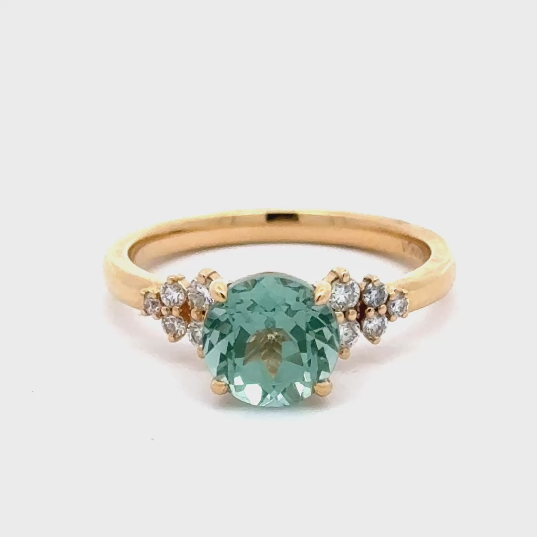 Bluish Green Spinel 2 ct Round Brilliant Ring met Diamant  - 18K Geelgoud