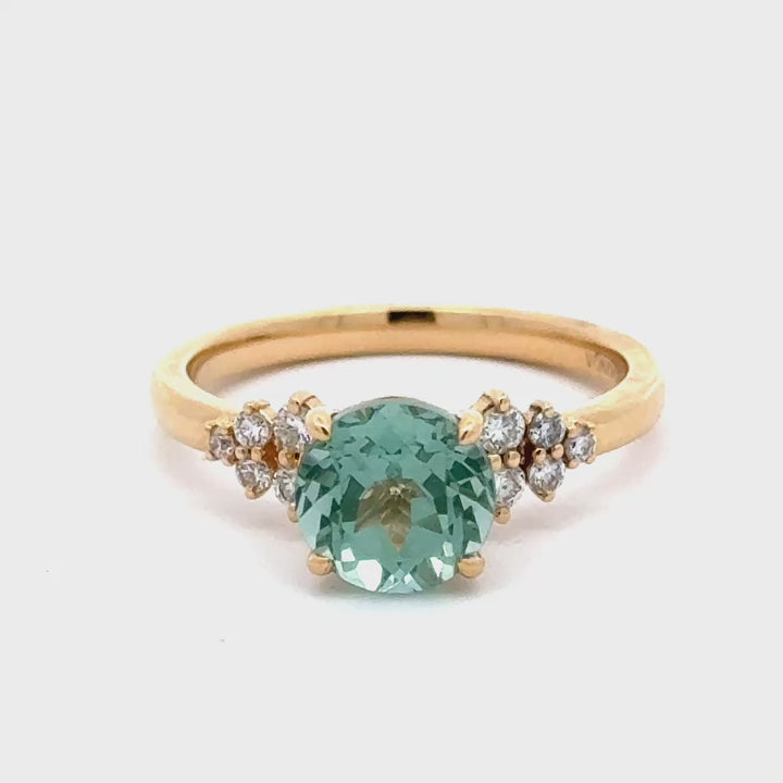 Bluish Green Spinel 2 ct Round Brilliant Ring met Diamant  - 18K Geelgoud