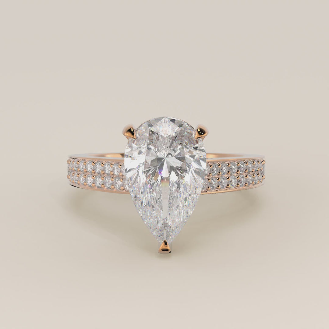 Verlovingsring peer lab grown diamant met brede pave band, cathedral setting en hidden halo, rosegoud