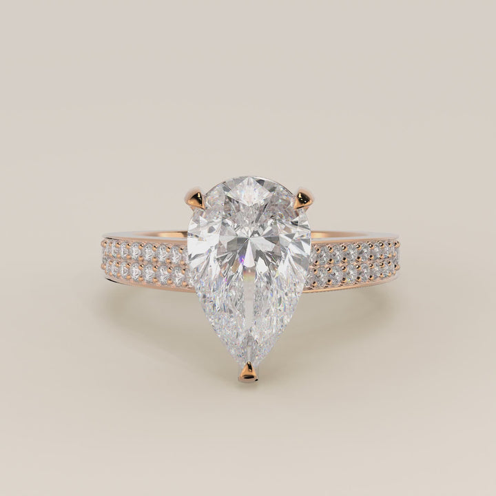 Verlovingsring peer lab grown diamant met brede pave band, cathedral setting en hidden halo, rosegoud