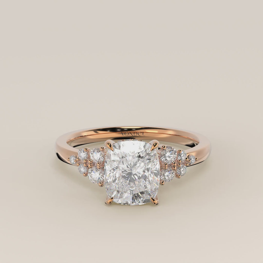 Verlovingsring elongated cushion lab grown diamant met snowdrift en hidden halo, rosegoud