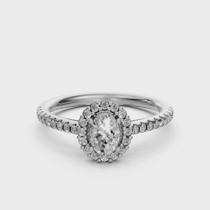 Oval Halo Ring met Pave Band en Lage Zetting