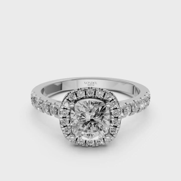 Cushion Halo Ring met Pave Band en Lage Zetting - 1,42 ct
