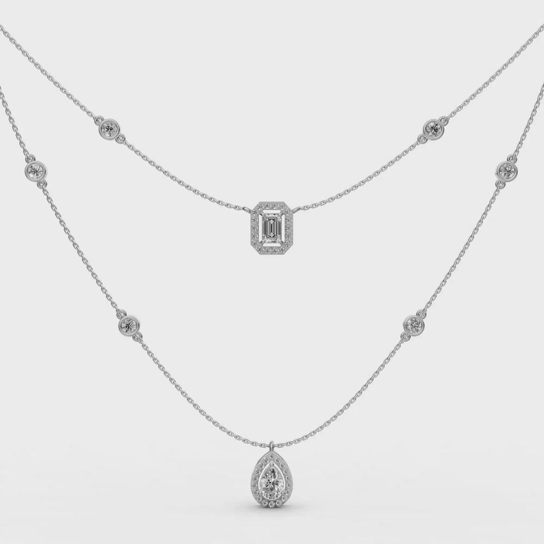 Gelaagd Collier met Emerald en Peer met Halo  - 18K Goud