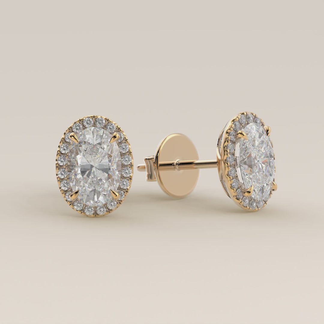 Stud oorbellen halo ovaal lab grown diamant, geelgoud