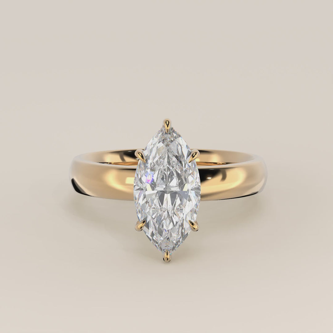 Verlovingsring marquise lab grown diamant met brede band en hidden halo, geelgoud