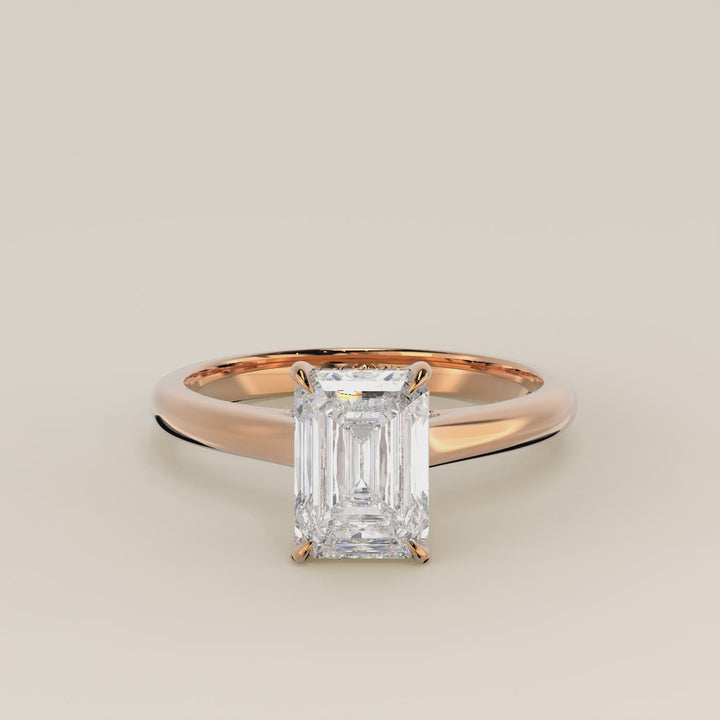 Verlovingsring emerald lab grown diamant met cathedral setting, hidden halo en diamond bridge, rosegoud