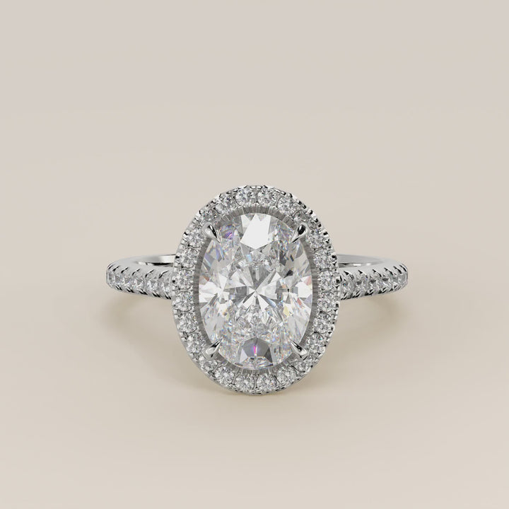 Romy - Oval Halo Lab Grown Diamond Ring with Pave Band and Diamond Bridge