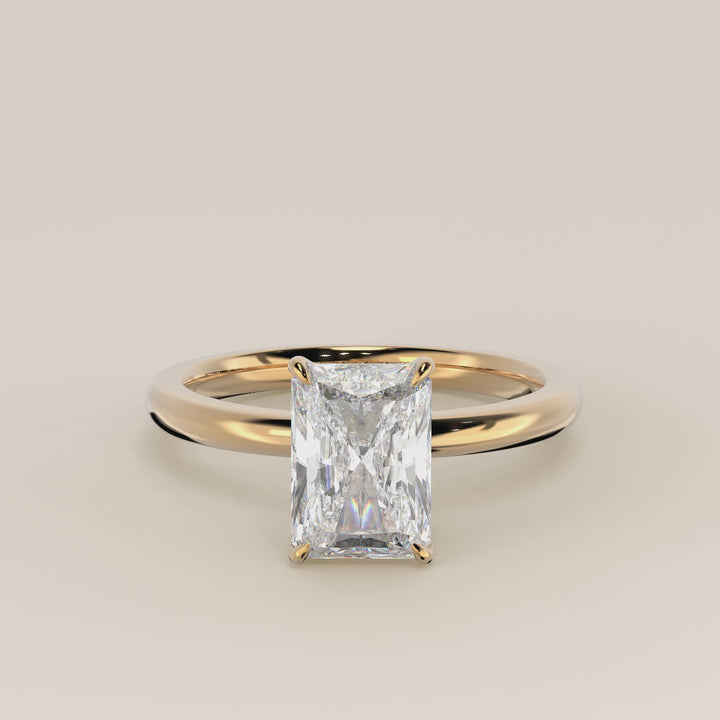 Verlovingsring radiant lab grown diamant met hidden halo, geelgoud
