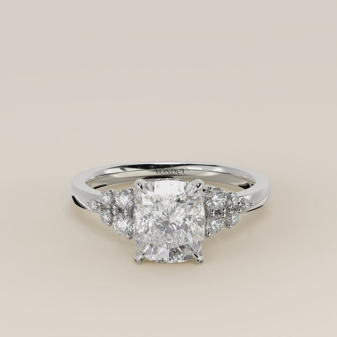 Verlovingsring elongated cushion lab grown diamant met snowdrift en hidden halo, witgoud