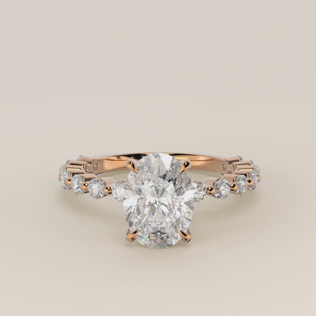 Verlovingsring ovaal lab grown diamant met ronde diamanten band, rosegoud