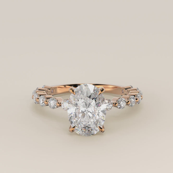 Verlovingsring ovaal lab grown diamant met ronde diamanten band, rosegoud