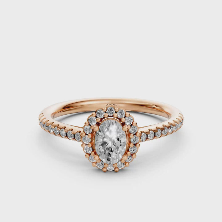 Oval Halo Ring met Pave Band en Lage Zetting