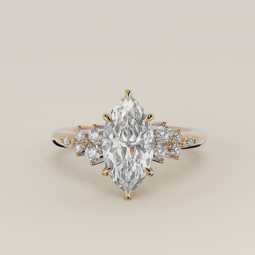 Verlovingsring marquise lab grown diamant met hidden halo en lage zetting, geelgoud