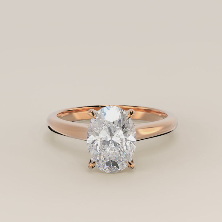 Verlovingsring ovaal lab grown diamant met cathedral setting en hidden halo, rosegoud
