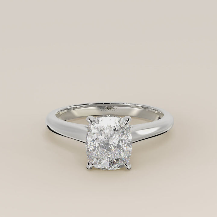 Verlovingsring elongated cushion lab grown diamant met cathedral setting, hidden halo en diamond bridge, witgoud