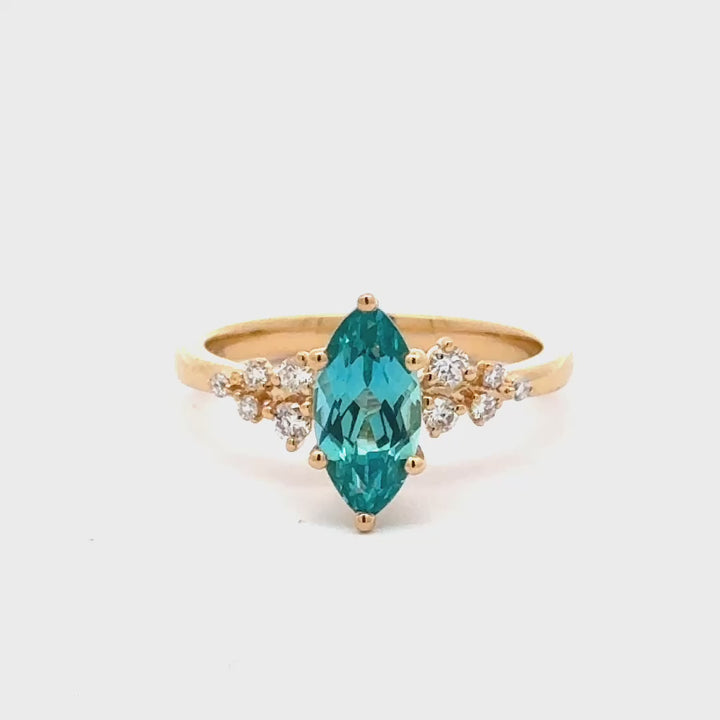 Turquoise Sapphire 1 ct Marquise Ring, Diamant Snowdrift   - 18K Geelgoud