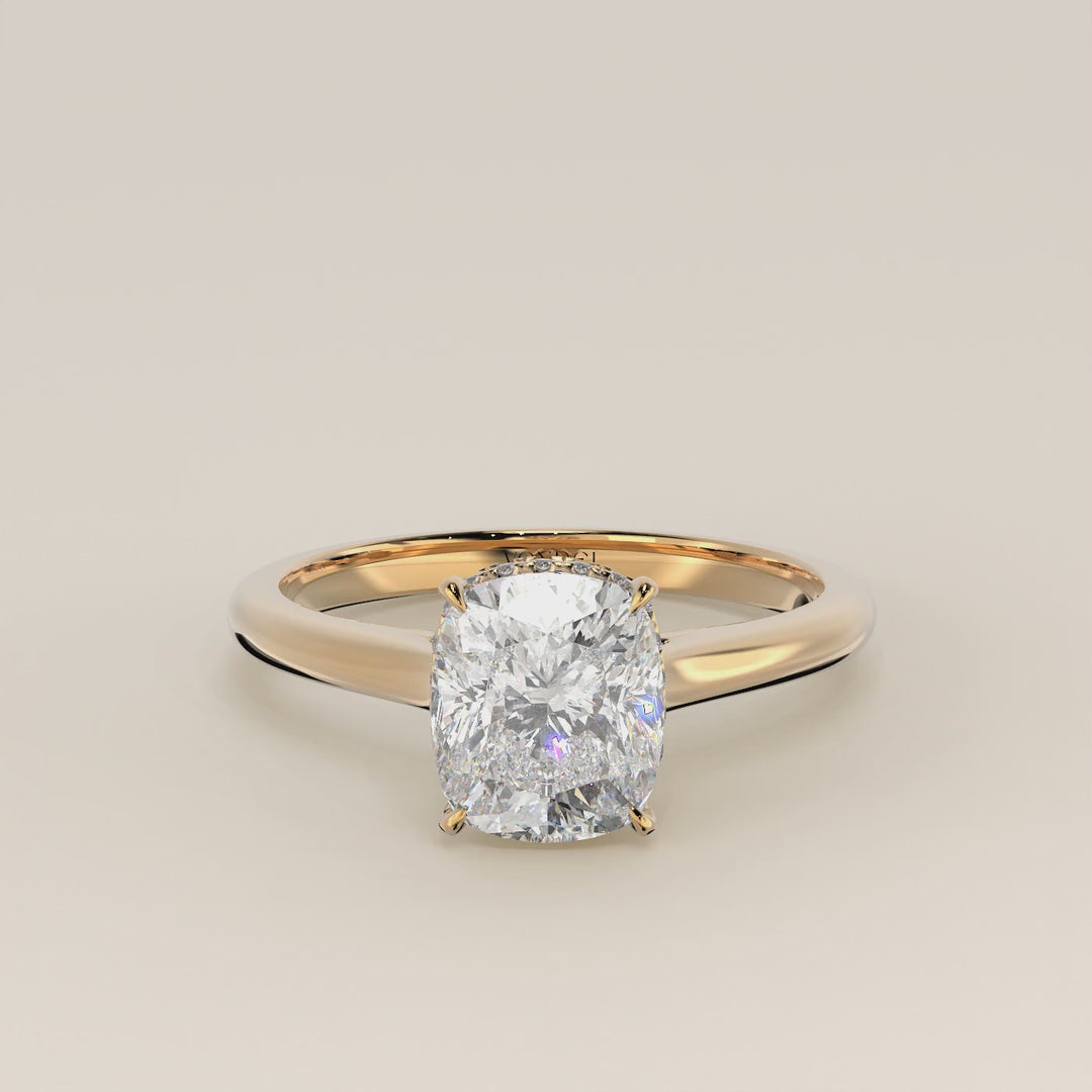 Mikki - Elongated Cushion Solitair Lab Grown Diamond Ring with Cathedral Setting and Wrap Around Halo