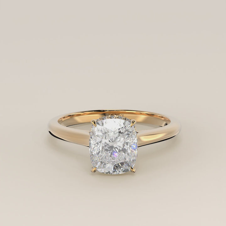 Mikki - Elongated Cushion Solitair Lab Grown Diamond Ring with Cathedral Setting and Wrap Around Halo