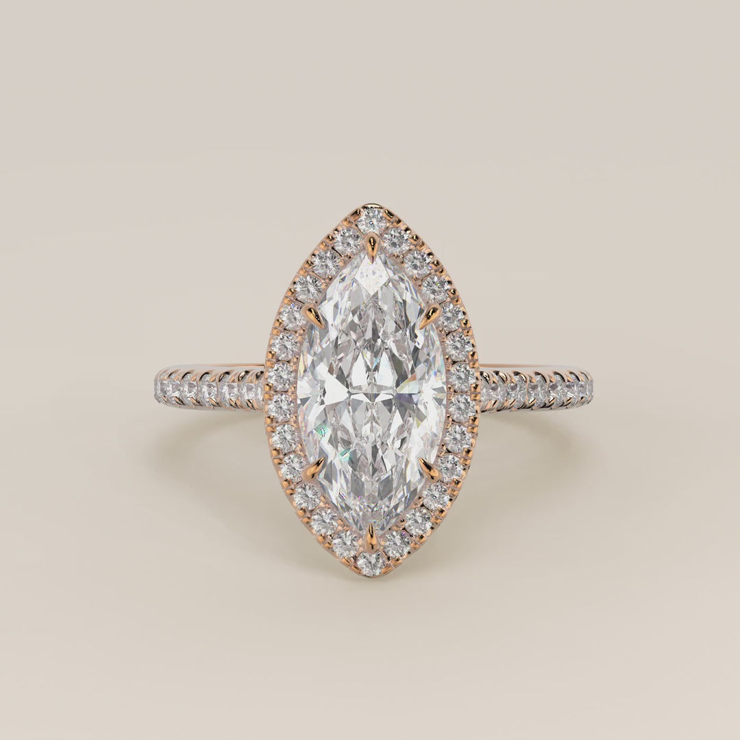 Verlovingsring marquise lab grown diamant met halo en pave band, rosegoud