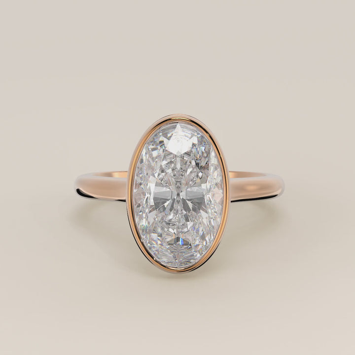 Zaar - Oval Lab Grown Diamond Ring Solitair with Bezel Setting, Cathedral Setting and Hidden Halo
