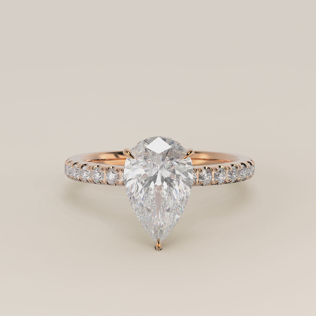 Verlovingsring peer lab grown diamant met hidden halo en pave band, rosegoud