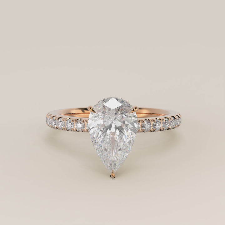 Verlovingsring peer lab grown diamant met hidden halo en pave band, rosegoud