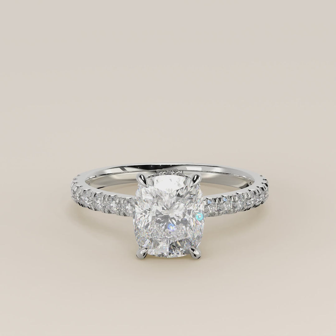 Kiya - Elongated Cushion Lab Grown Diamond Ring with Hidden Halo, Pave Band and Open Bridge Setting
