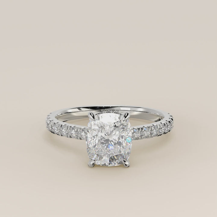 Kiya - Elongated Cushion Lab Grown Diamond Ring with Hidden Halo, Pave Band and Open Bridge Setting