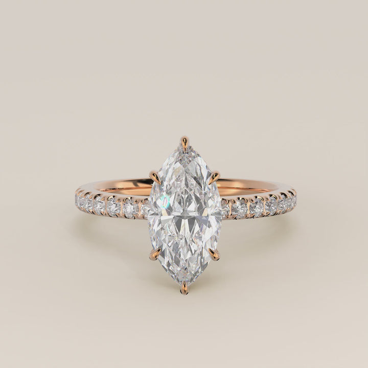 Verlovingsring marquise lab grown diamant met hidden halo en pave band, rosegoud