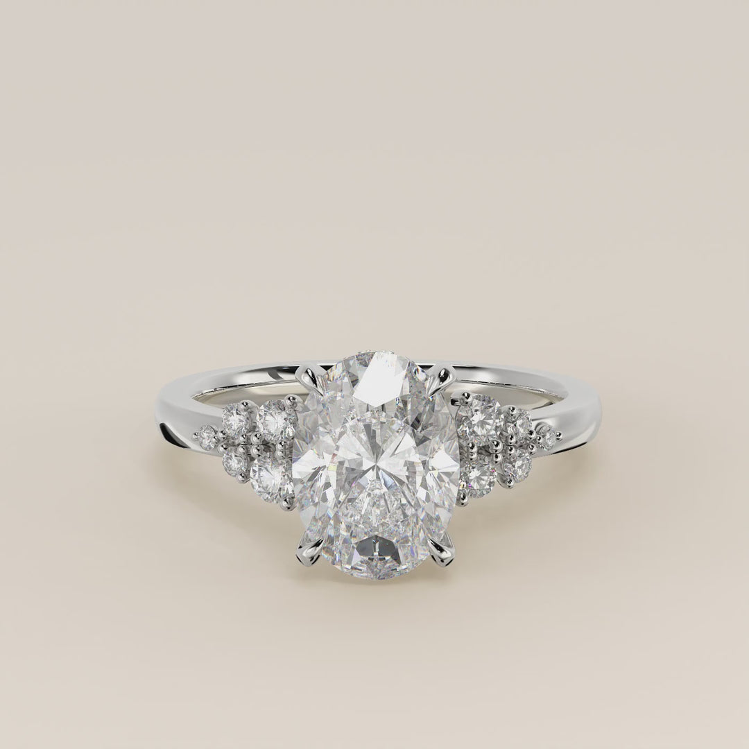 Verlovingsring ovaal lab grown diamant met snowdrift en hidden halo, witgoud