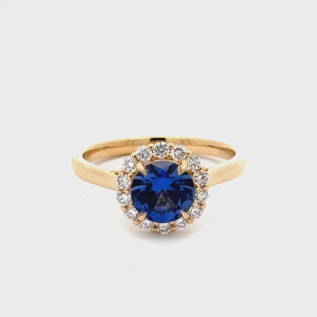 Blue Sapphire 1,5 ct Round Brilliant Halo Flower Ring met Diamant  - 18K Geelgoud
