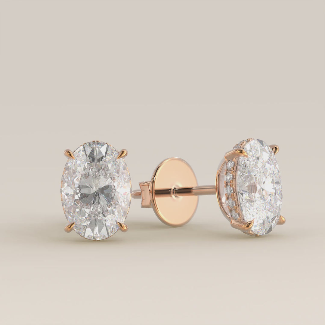 Stud oorbellen ovaal lab grown diamant met hidden halo, rosegoud