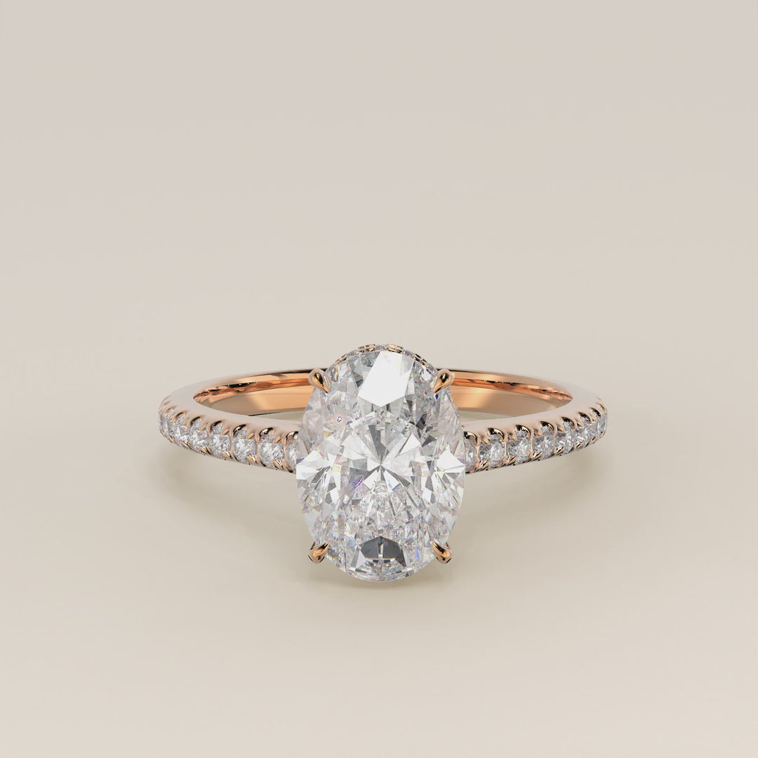 Lana - Oval Solitair Lab Grown Diamond Ring with Cathedral Setting, Pave Band and Wrap Around Halo